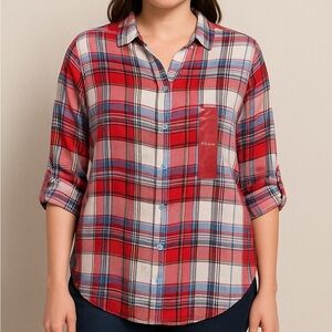 NWT - Chelsea & Theodore Women’s Roll Tab Plaid Shirt – Red/White/Blue